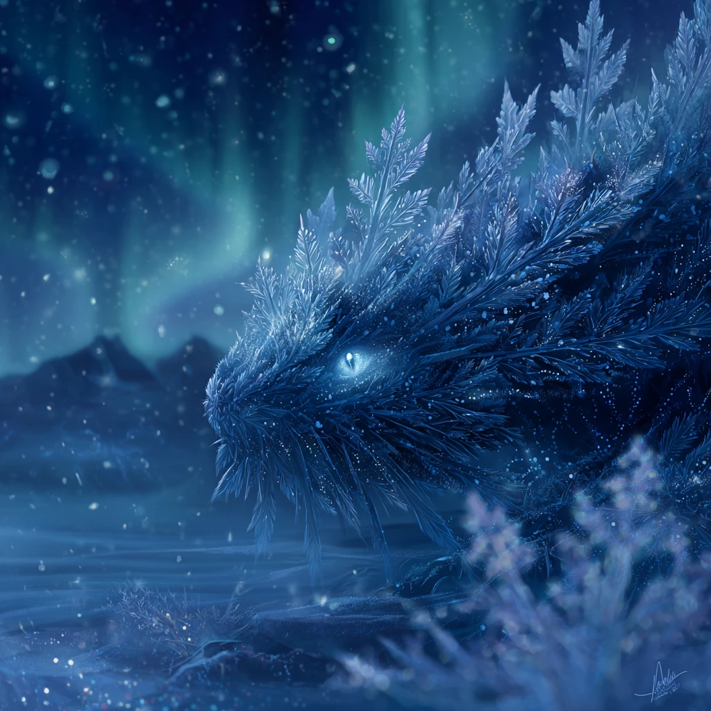 Snowflake creature wandering across a glowing frozen tundra