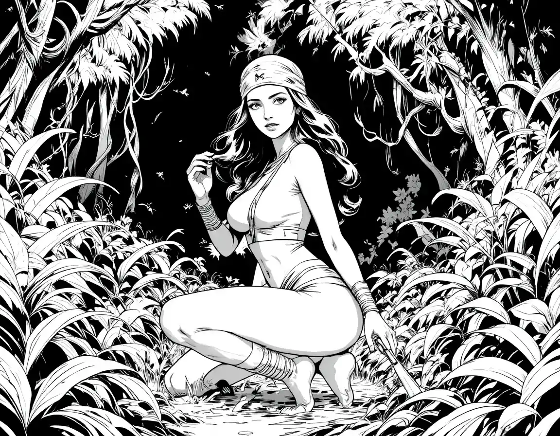 Determined warrior woman kneeling in a dramatic jungle scene