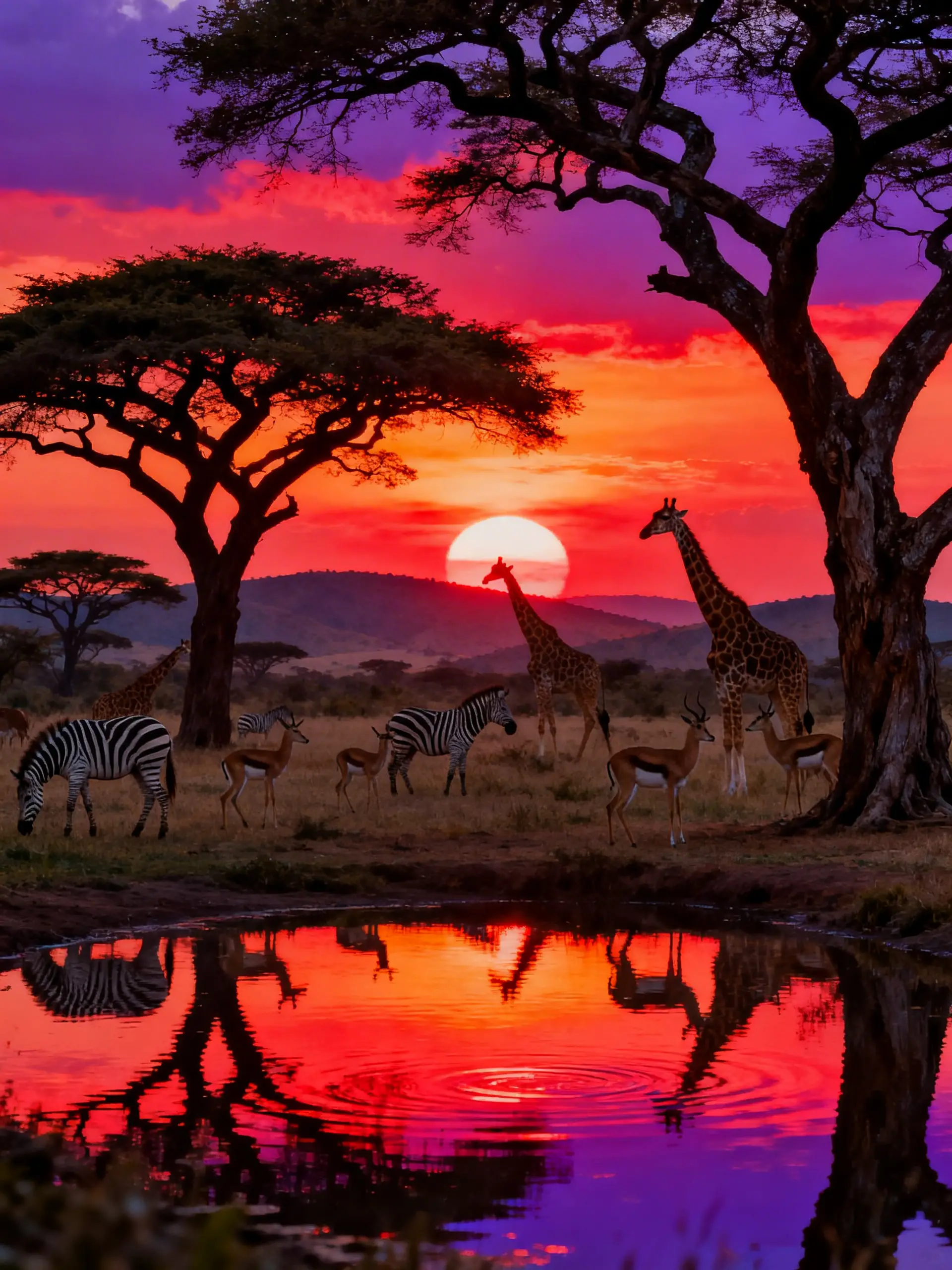 非洲大草原夕陽與水潭旁多樣野生動物