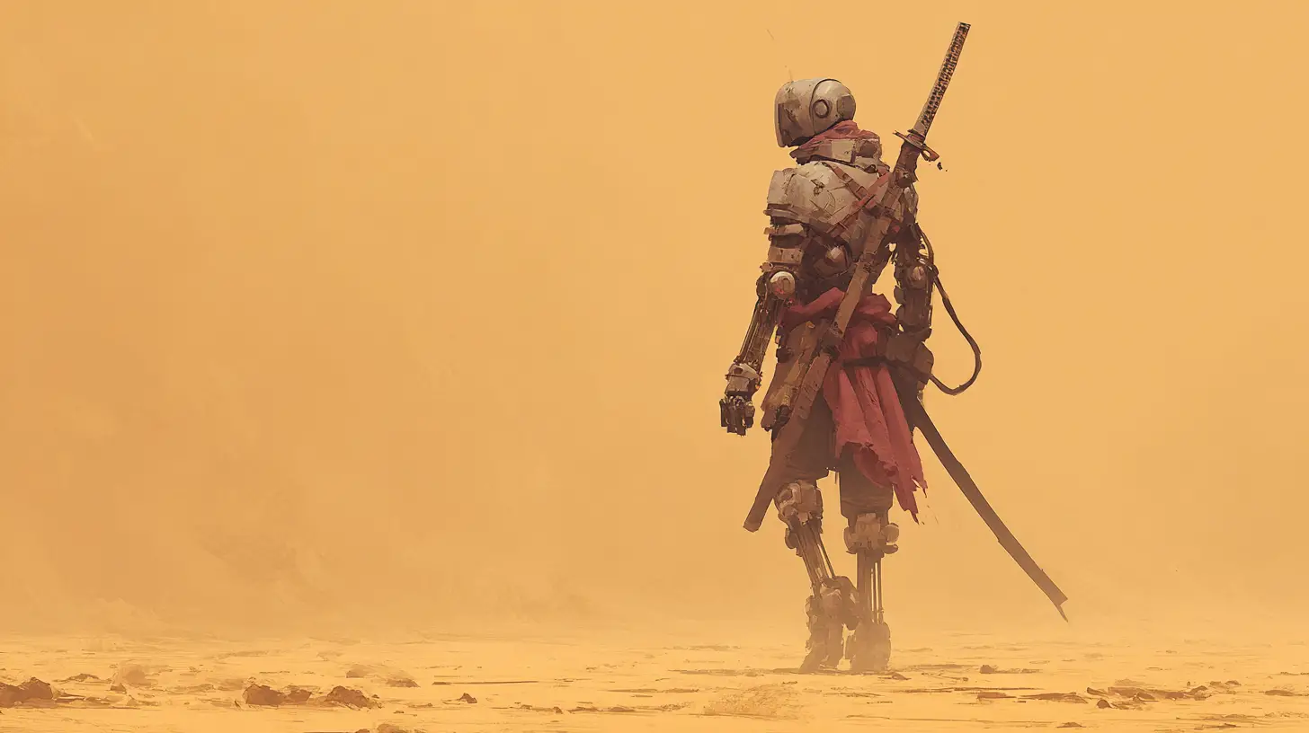 Antigo guerreiro robô caminhando por uma vasta tempestade de areia no deserto