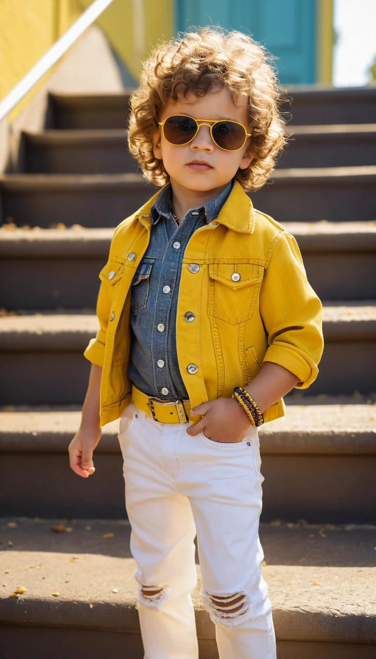 Stylish toddler boy posing confidently on sunlit outdoor stairs