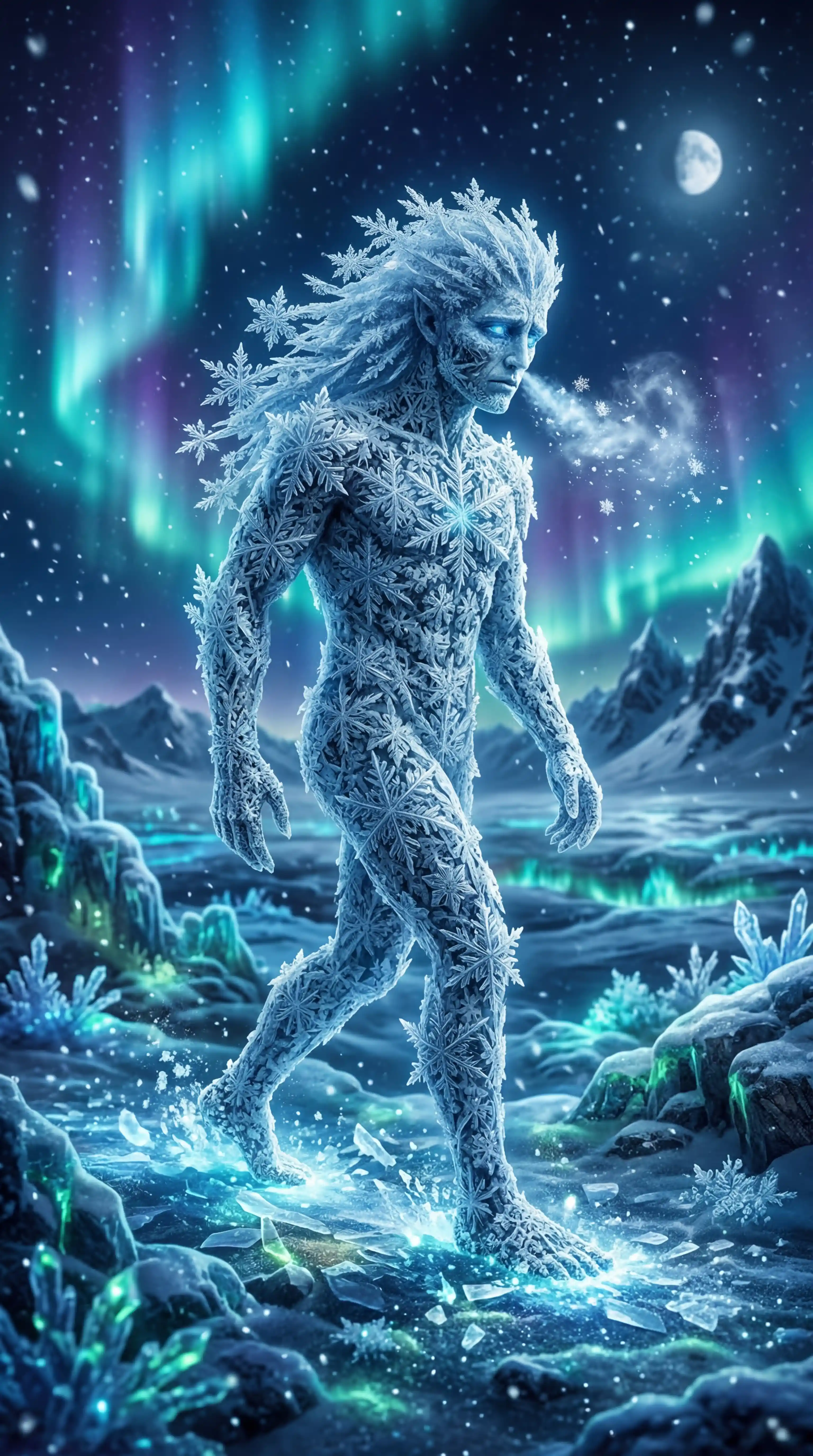 Snowflake creature prowling across a glowing frozen tundra