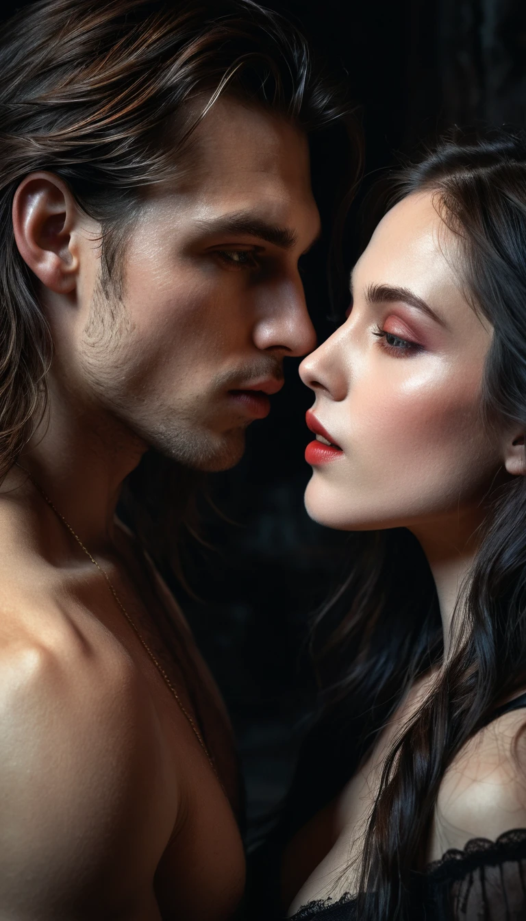 Sensual close up kiss with a mysterious vampire woman