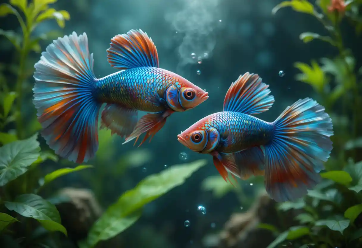 Colorful fighting fish swimming in lush aquatic plants