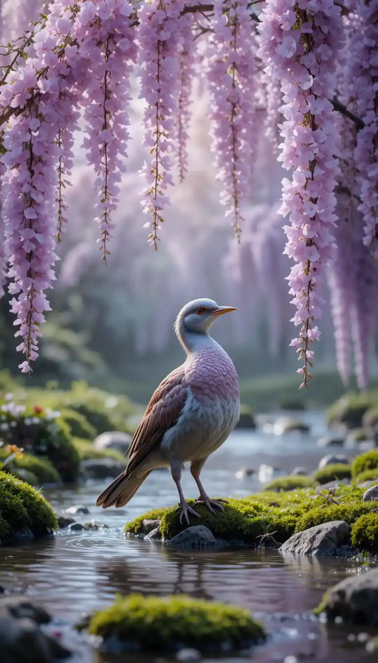 Oiseau gracieux près d’un ruisseau forestier avec des fleurs en pleine floraison