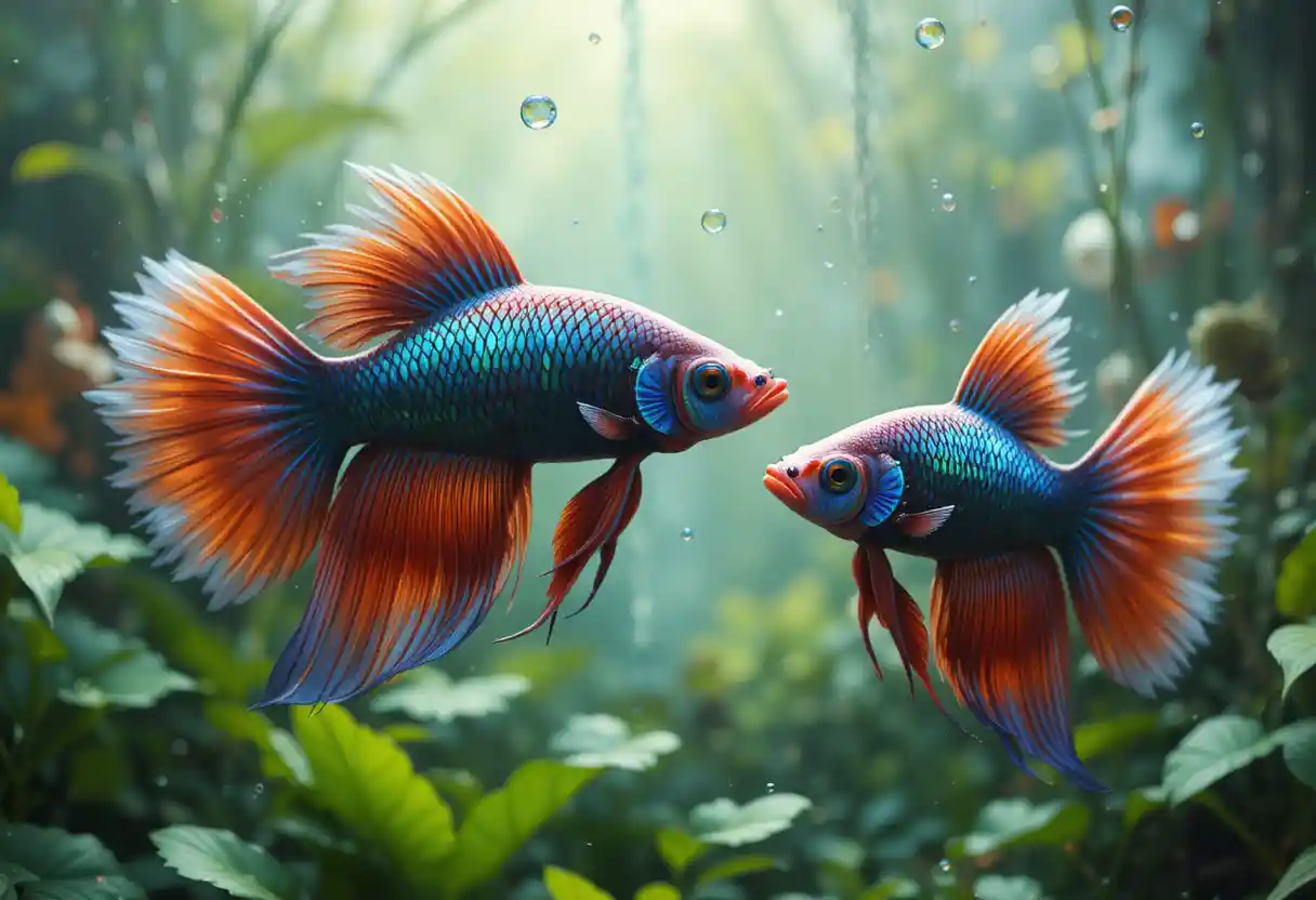 Poissons Combattants Siamois Colorés parmi des Plantes Aquatiques Luxuriantes