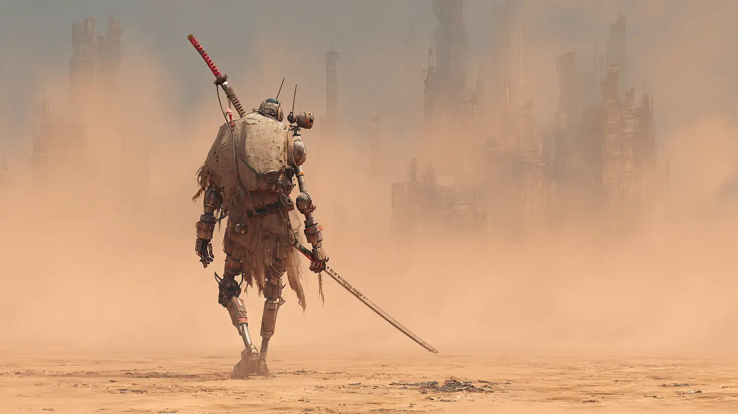 Guerreiro robô antigo caminhando por uma forte tempestade no deserto