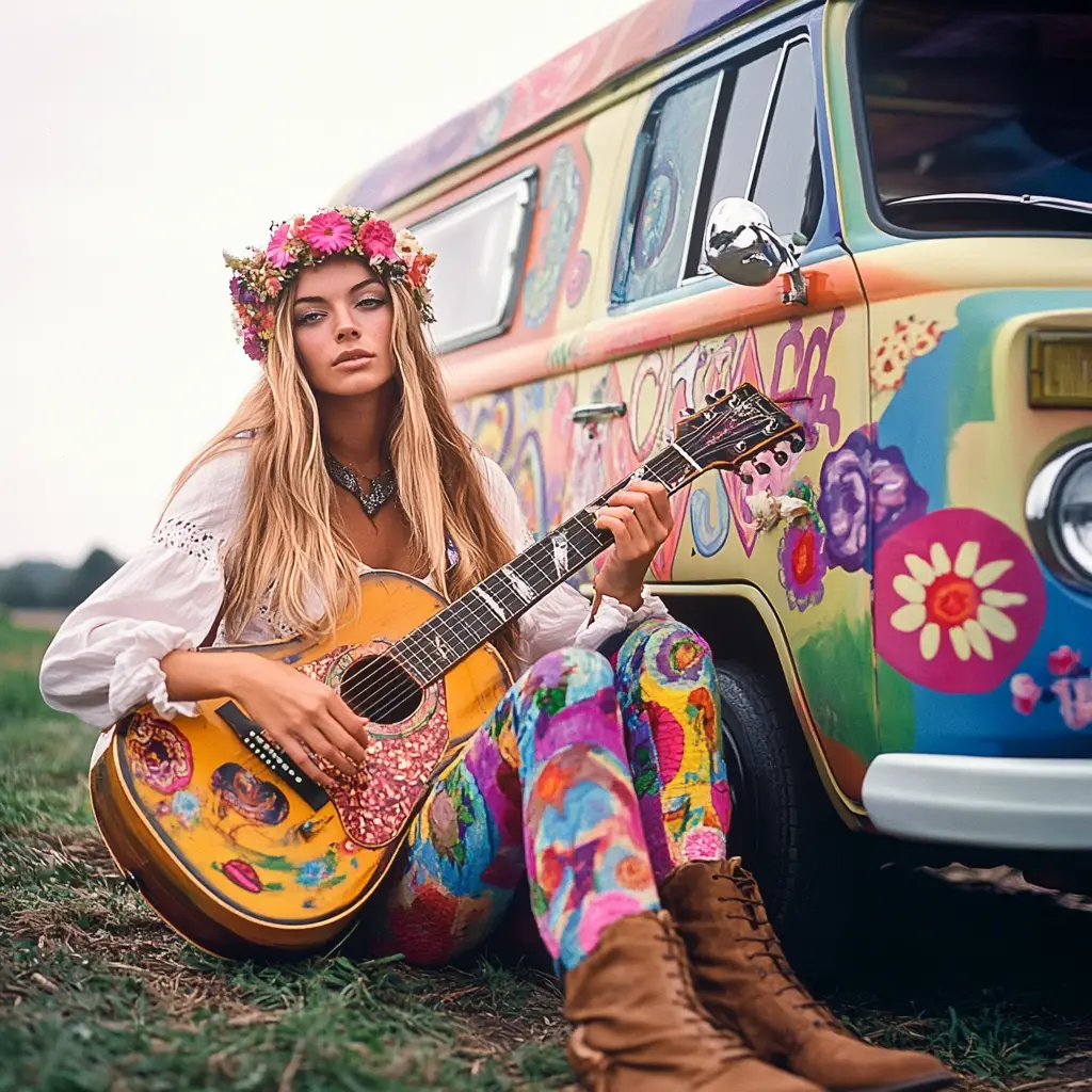 Hippie woman playing guitar beside colorful psychedelic van