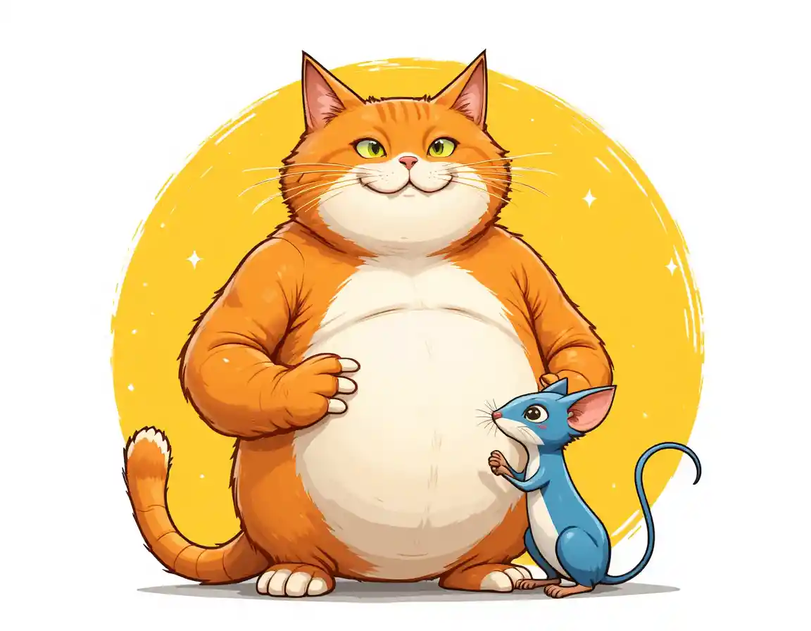 Gato caricaturesco y juguetón sosteniendo un diminuto ratón azul