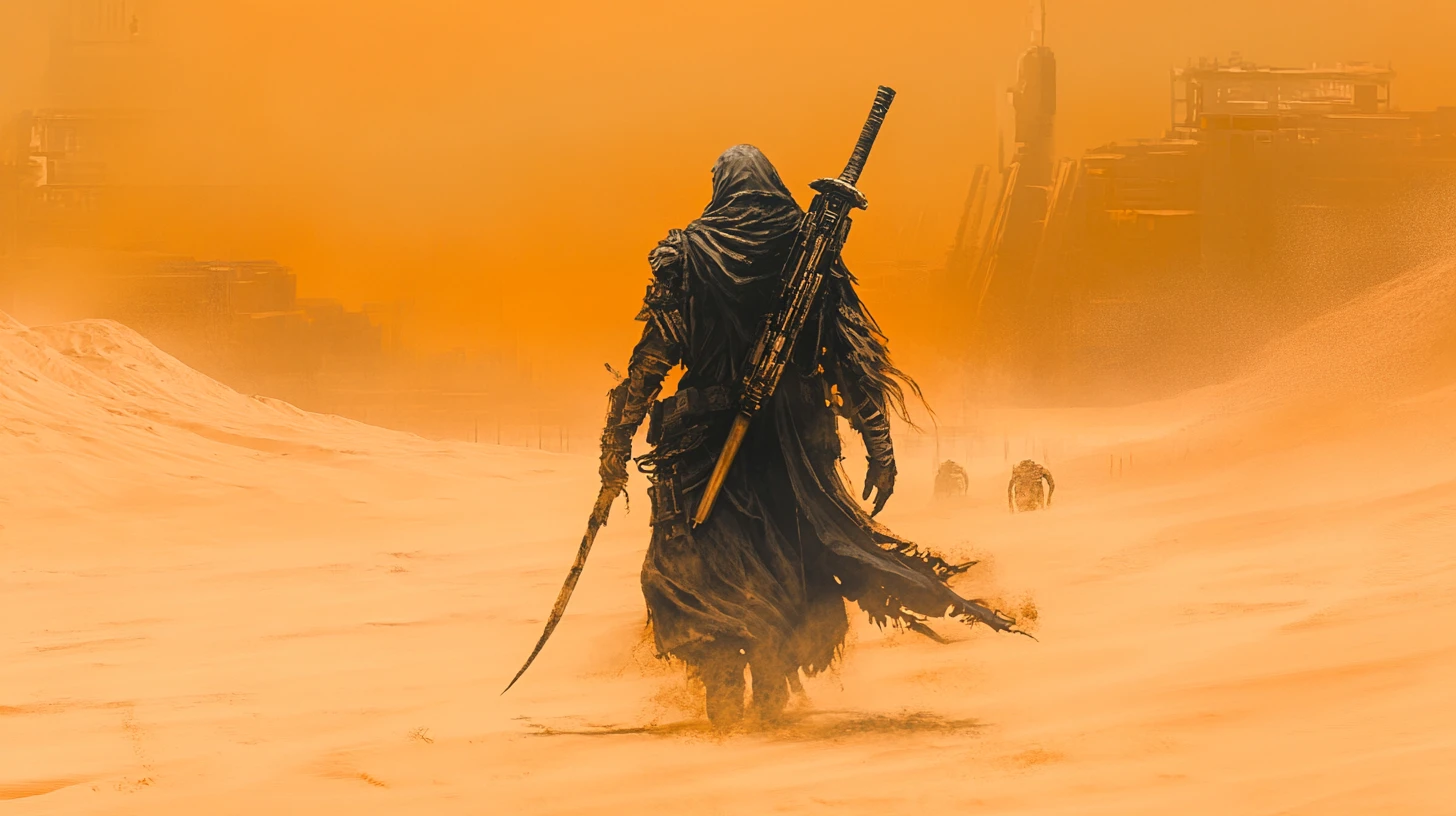 Antigo guerreiro robô caminhando sozinho pela tempestade no deserto