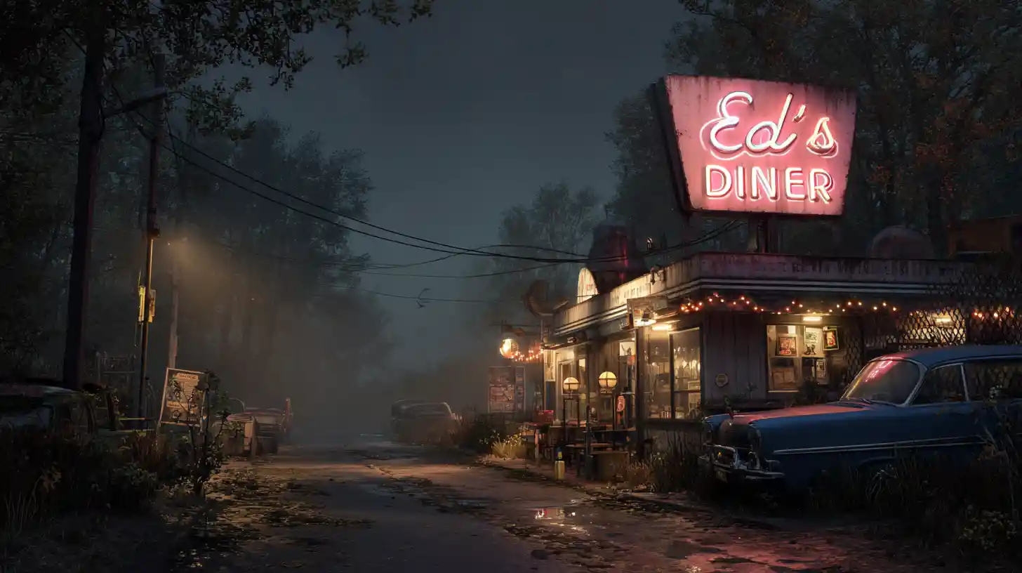 Neon Lit Eds Diner On A Dark Country Road