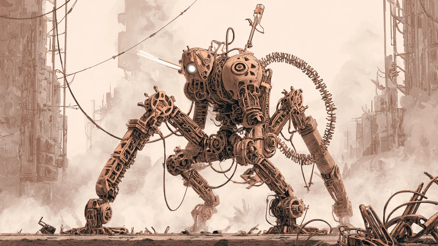 Guerreiro androide de cobre em uma cidade cyberpunk em ruínas