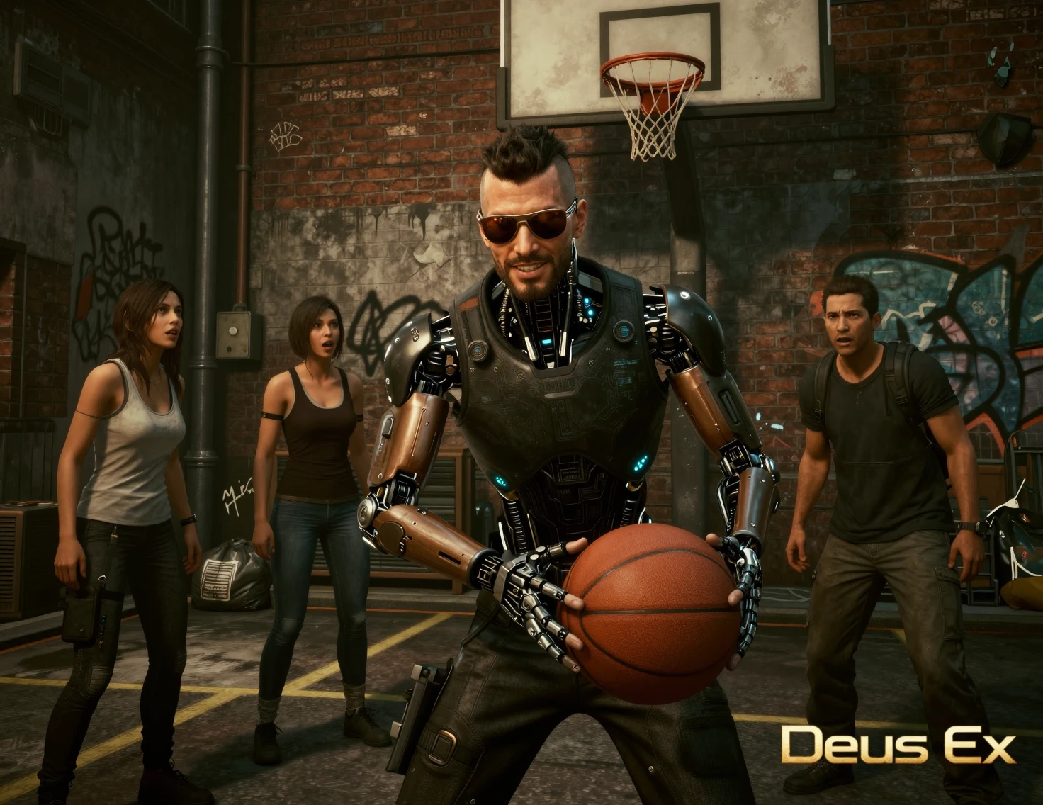 Erweiterter Mann posiert mit Basketball in rauer Stadtgasse