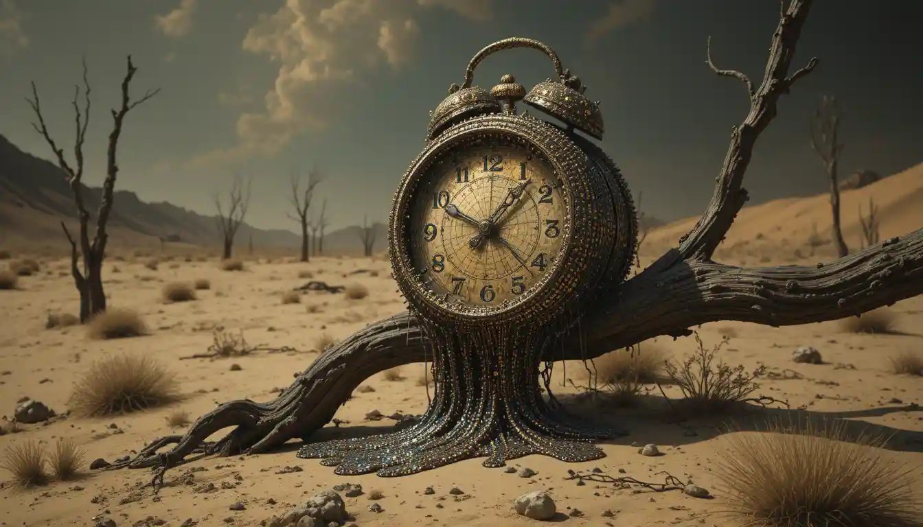 Horloge fondue sur une branche dans un paysage désertique pointilliste