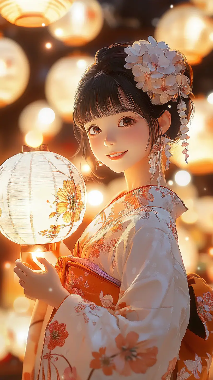 Fille d’anime en kimono tenant une lanterne en papier lumineuse