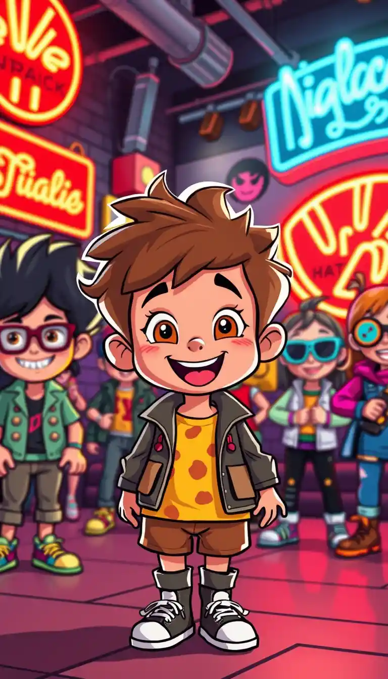 Playful child outside neon nightclub in cartoon style
