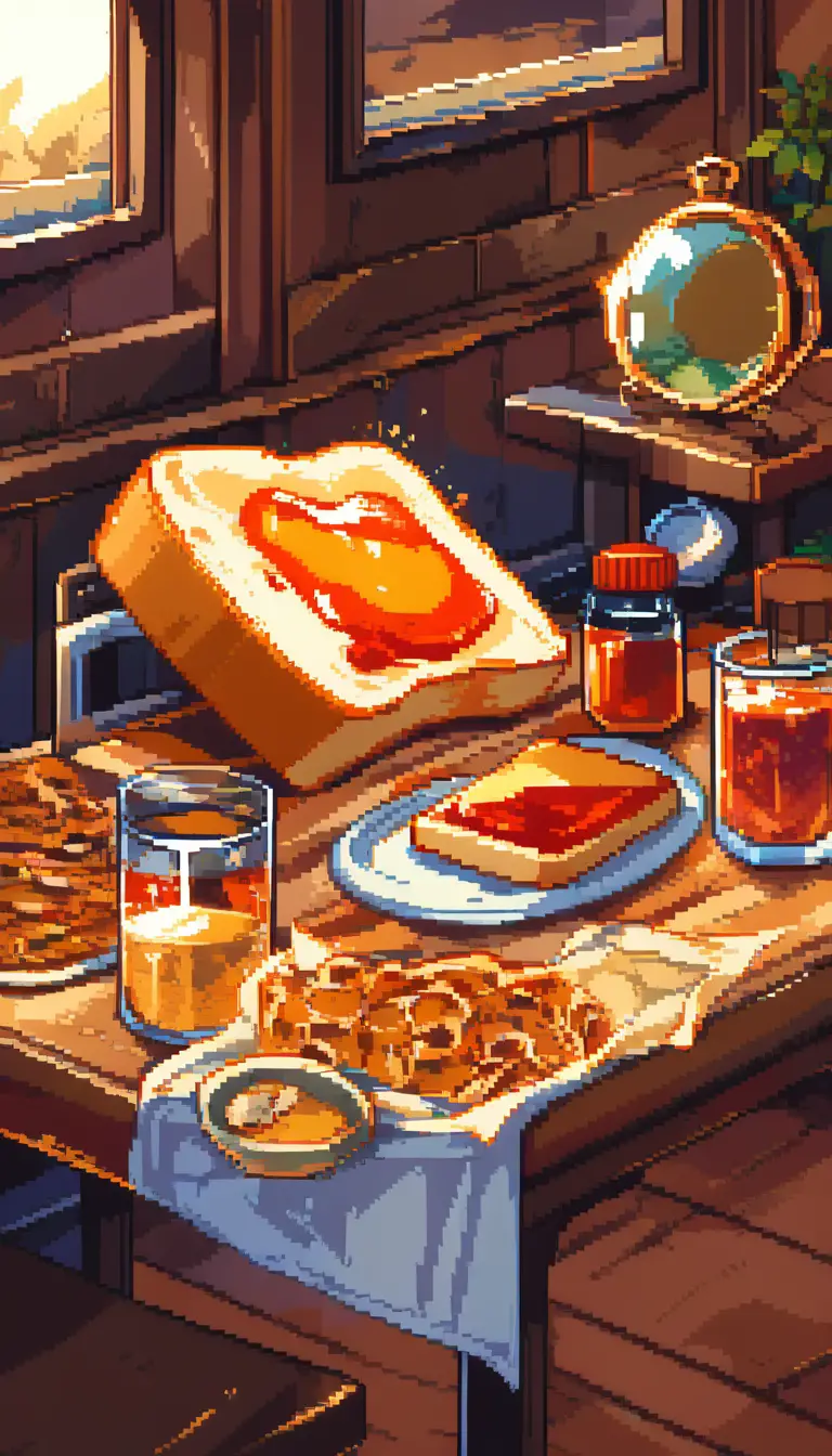 Pixelart nostalgisches Frühstück mit Toast und Aufstrichen