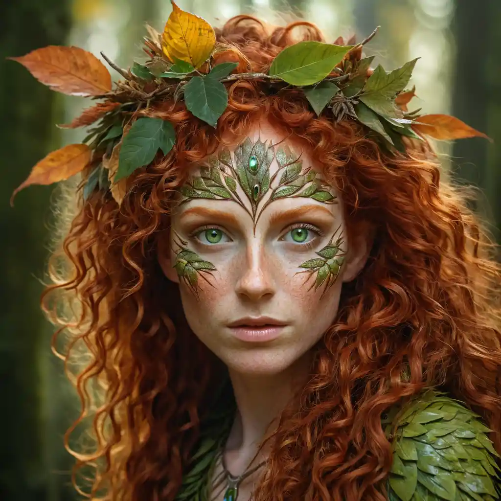 Ritratto Iperrealistico di una Driade della Foresta dai Capelli Rosso Fiamma
