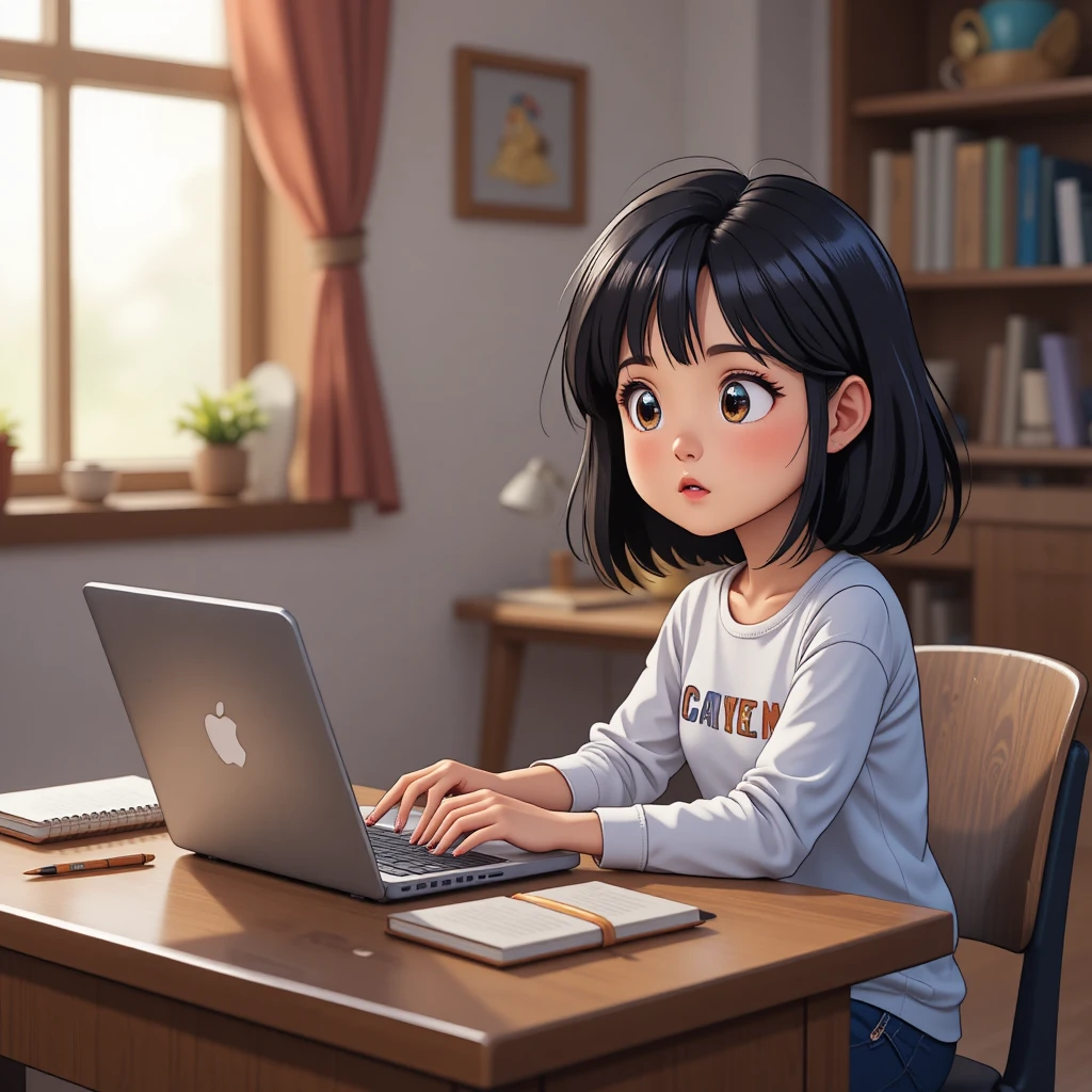 好奇的卡通女孩在舒適書桌前用筆電學習