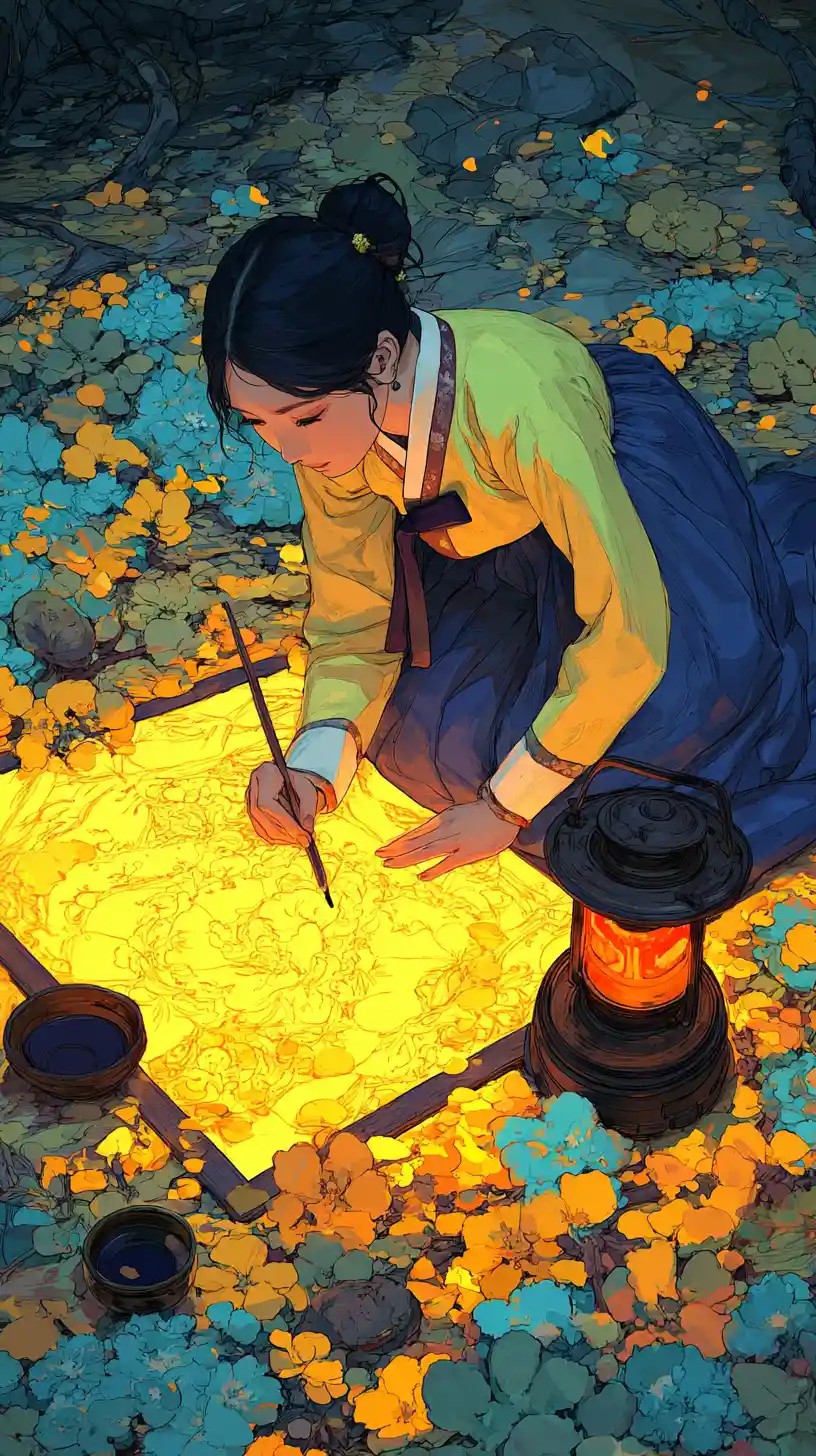 年輕女子在花卉地面上於燈籠光下作畫