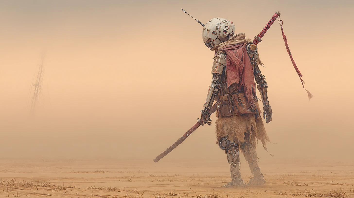 Guerreiro robô solitário cruzando um vasto deserto pós-apocalíptico