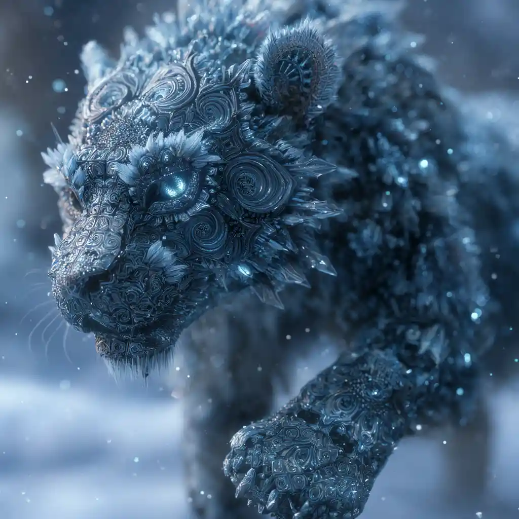 Snowflake creature walking across a glowing frozen tundra