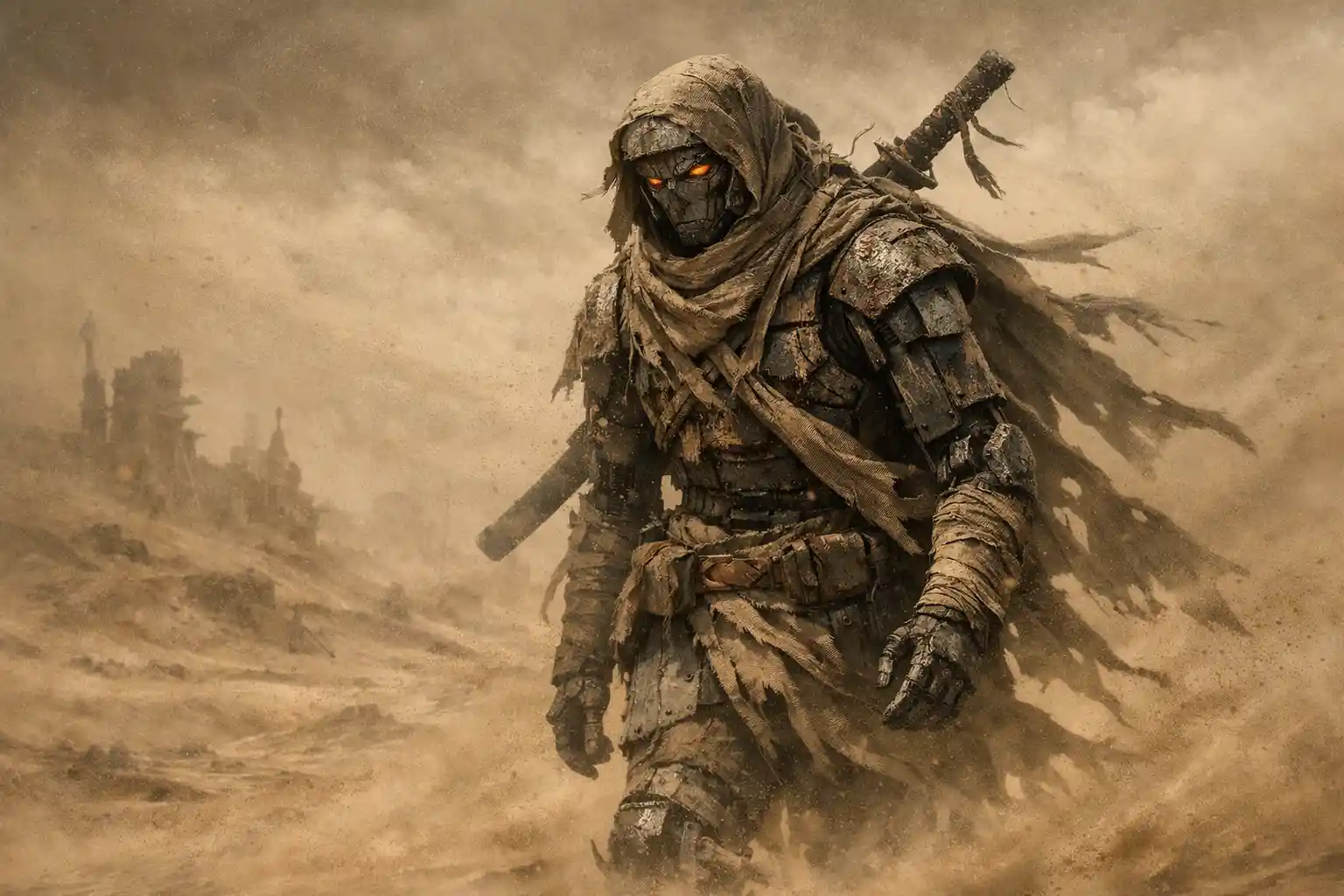 Ancient robot warrior walking alone through desert storm