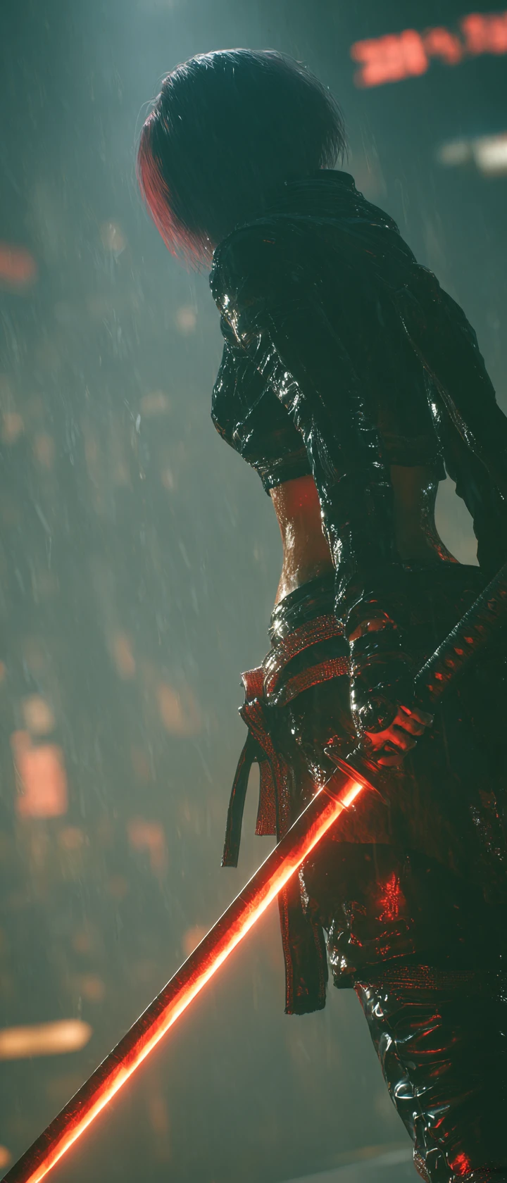 Anime-Cyber-Ninja-Frau mit leuchtendem Neon-Katana