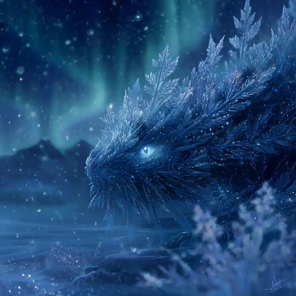 Snowflake creature wandering across a glowing frozen tundra