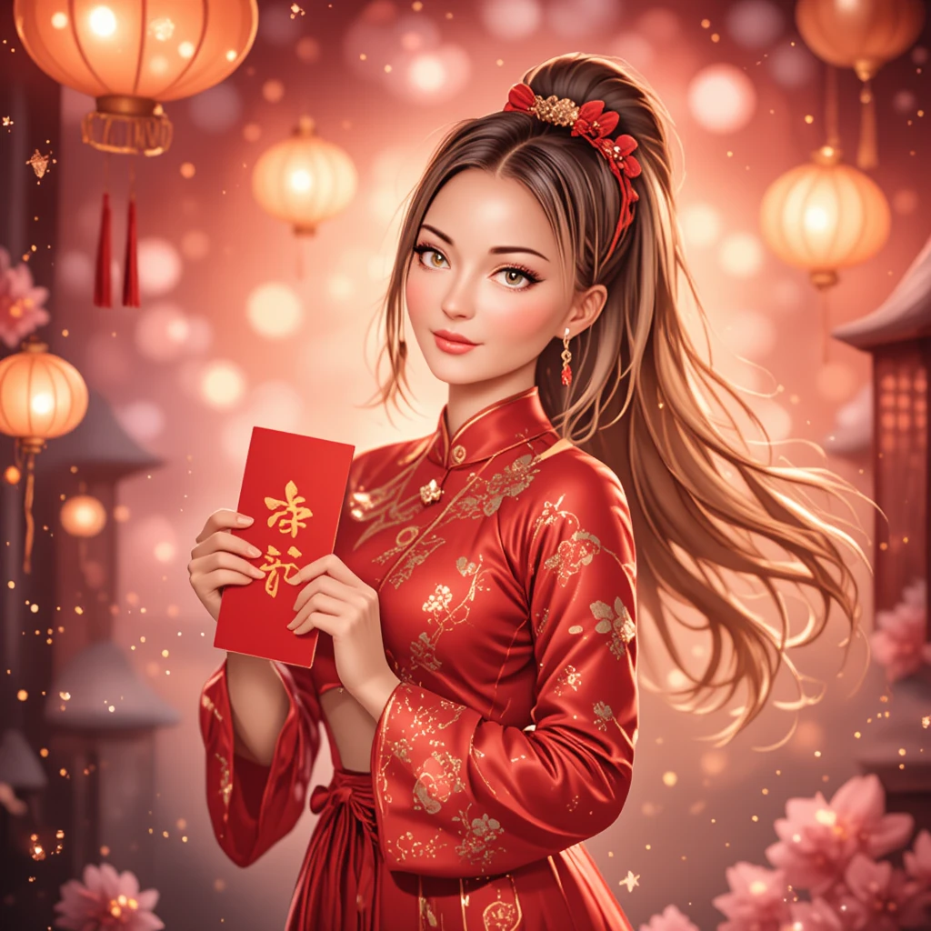發光燈籠下拿著紅包的動漫女孩