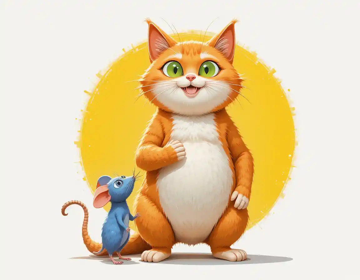 Verspielte Cartoon-Katze mit einer winzigen blauen Maus