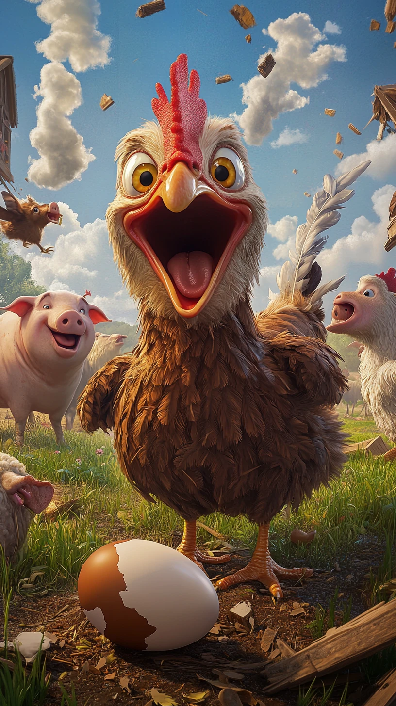 Laughing chicken beside smoking cracked egg on farm
