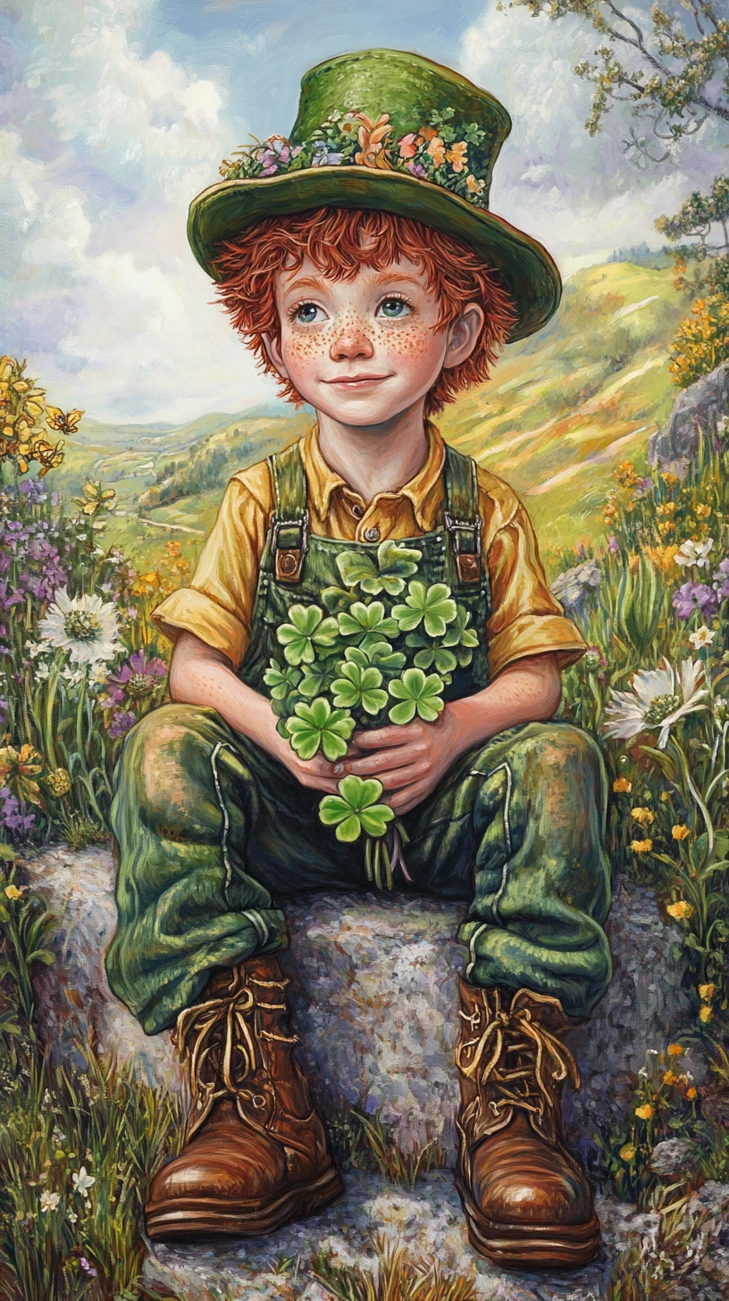 Adorável menino sardento com trevos no campo irlandês