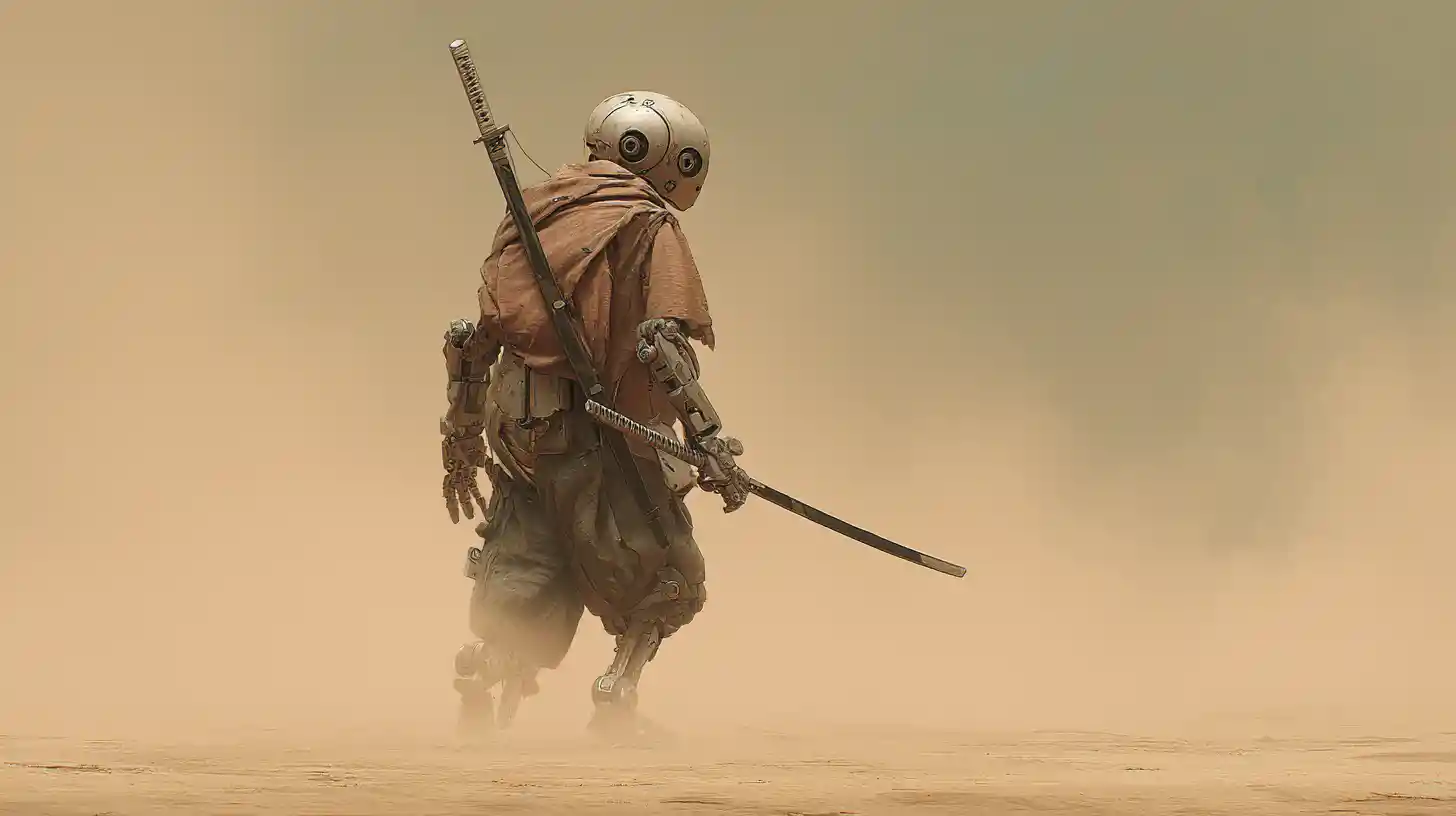Ancient robot warrior walking alone through a desert sandstorm