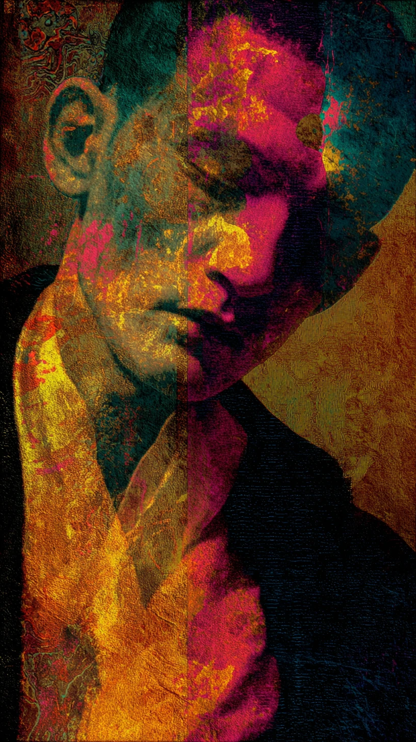 Melancholische abstrakte Figur in surrealem, von Risographien inspiriertem Raum