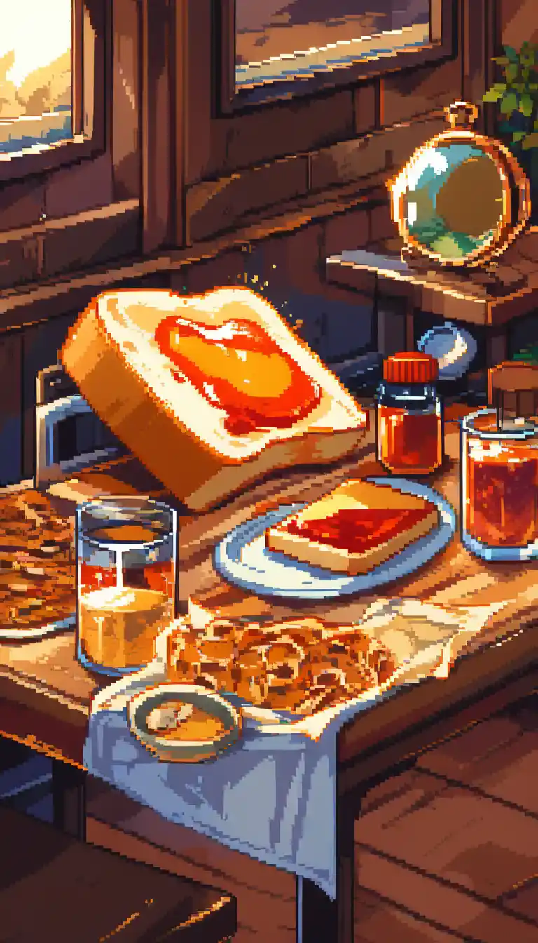 Pixel art nostalgic breakfast with toast and spreads