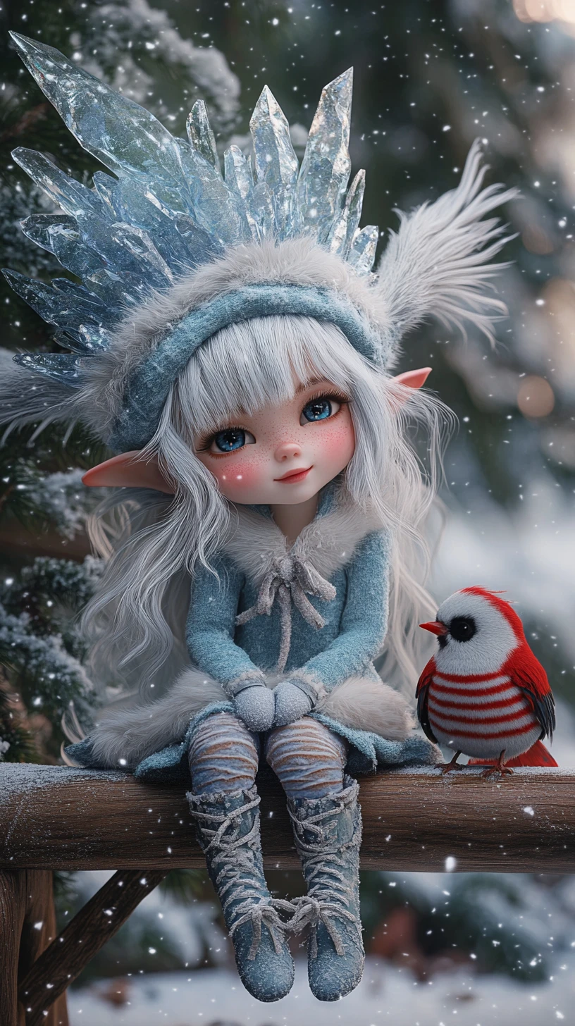 Bambina fata d’inverno su una panchina in una foresta innevata