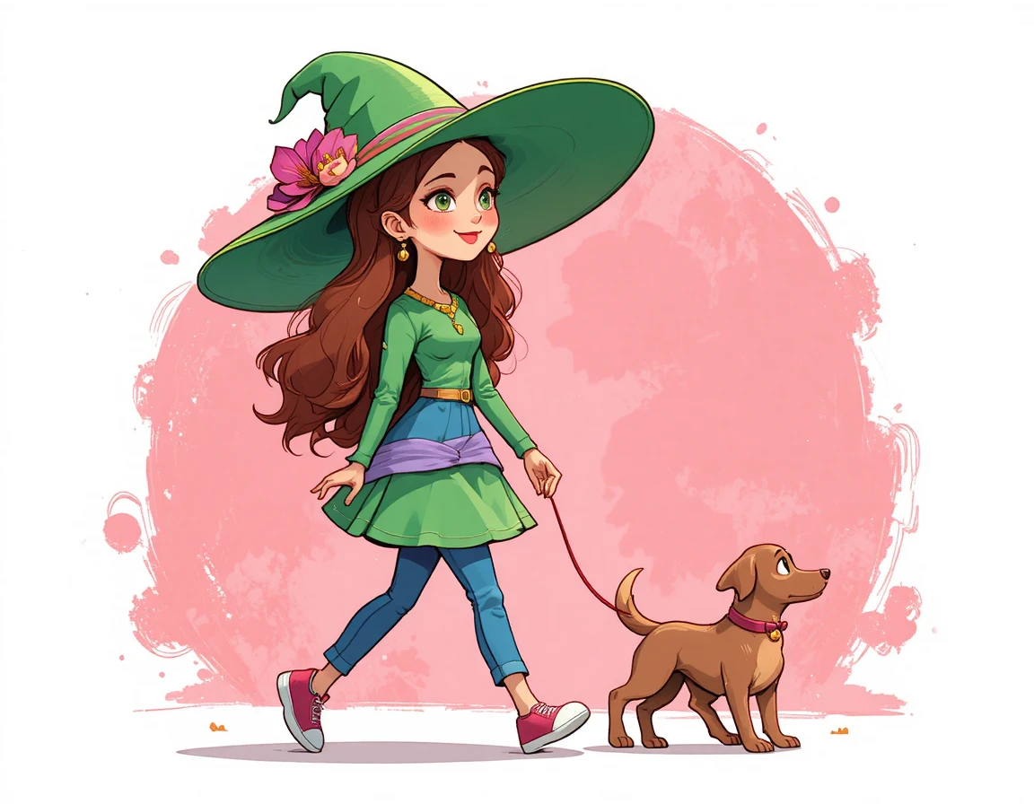 Red haired girl walking a playful brown dog