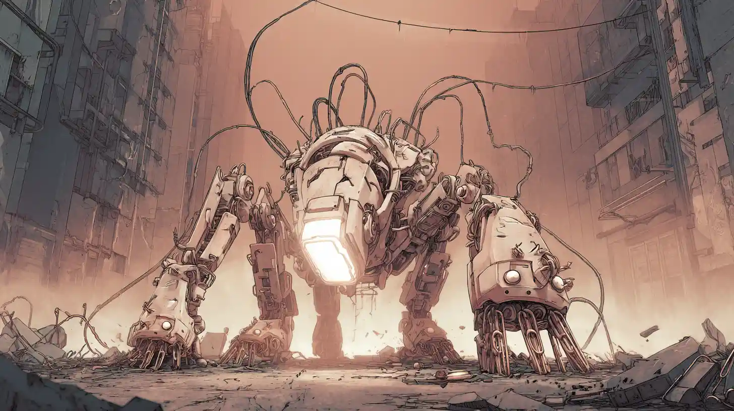 Guerriero androide di rame in una città cyberpunk in rovina