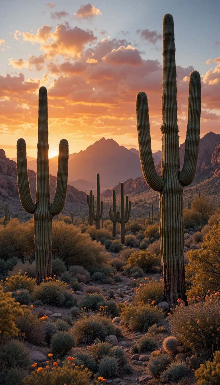 Golden hour sunlight over saguaro cacti in desert landscape