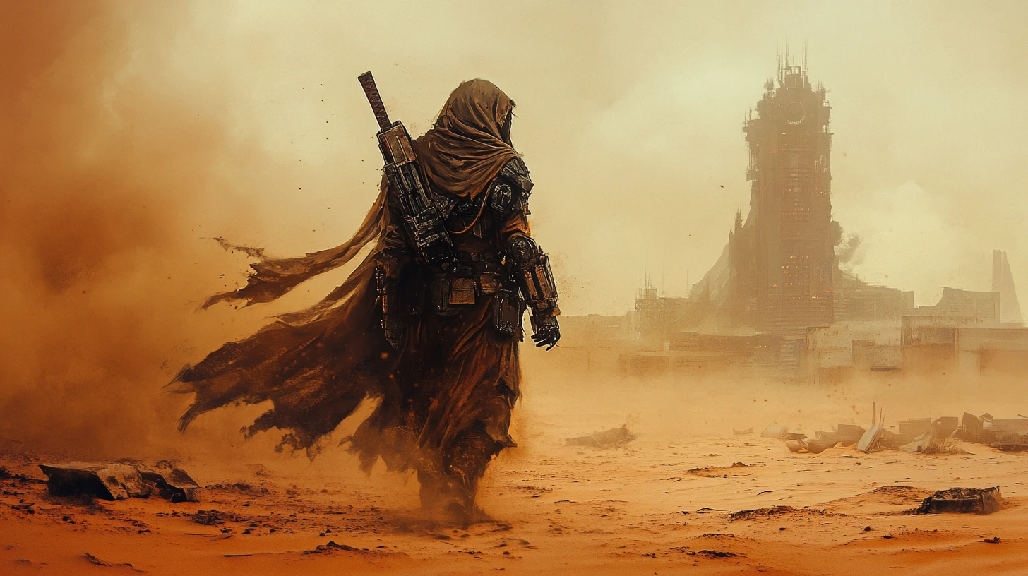 Guerreiro robô ancestral caminhando por uma imensa tempestade no deserto