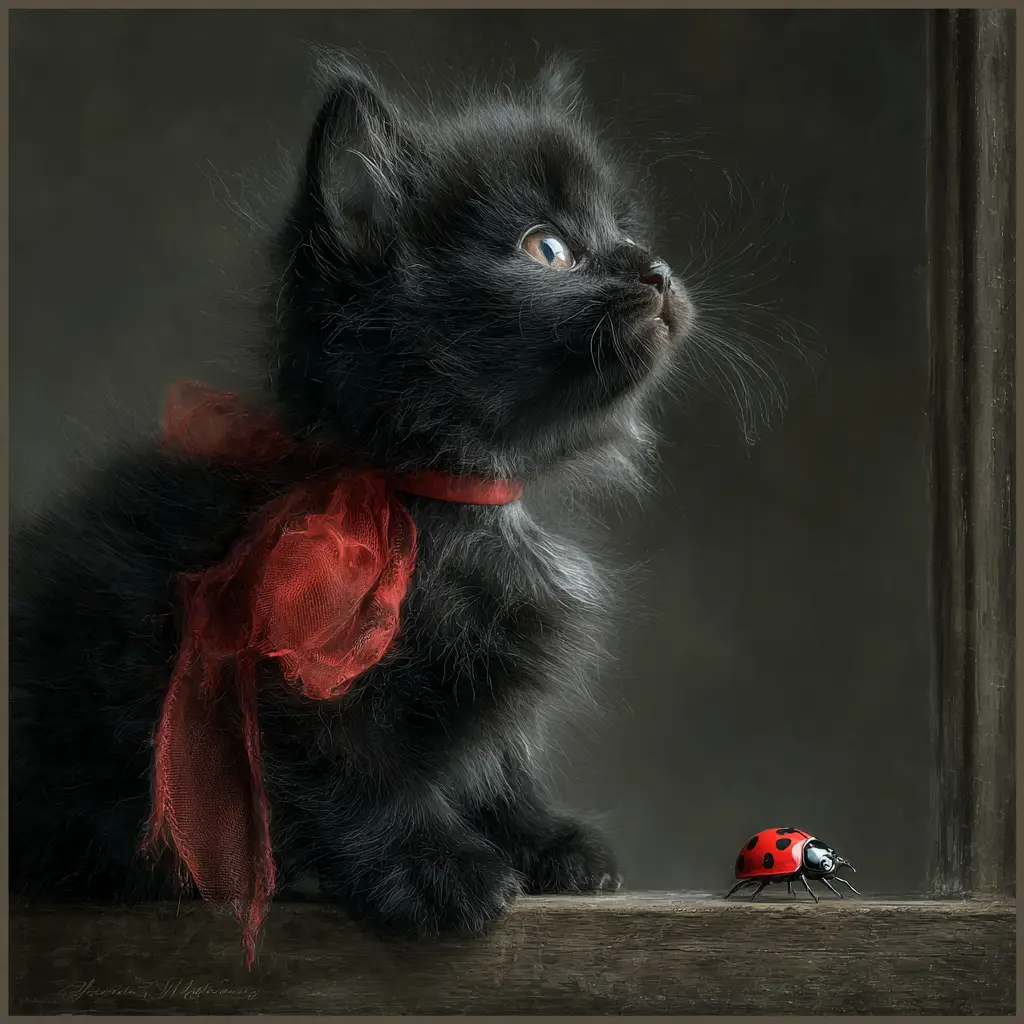 赤いリボンとてんとう虫のふわふわ黒子猫