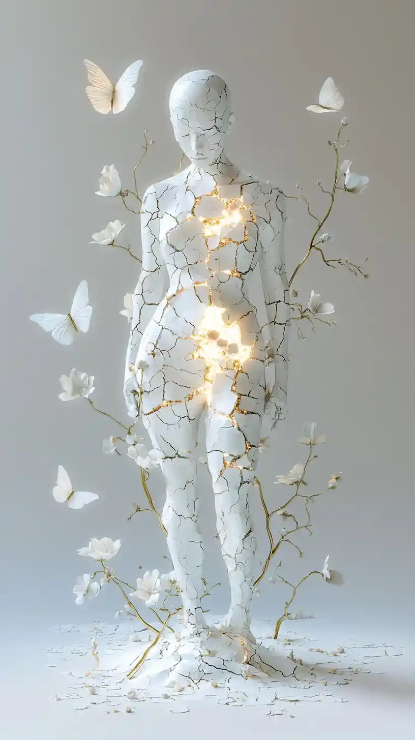 Porcelain human figure with golden kintsugi cracks and flowers