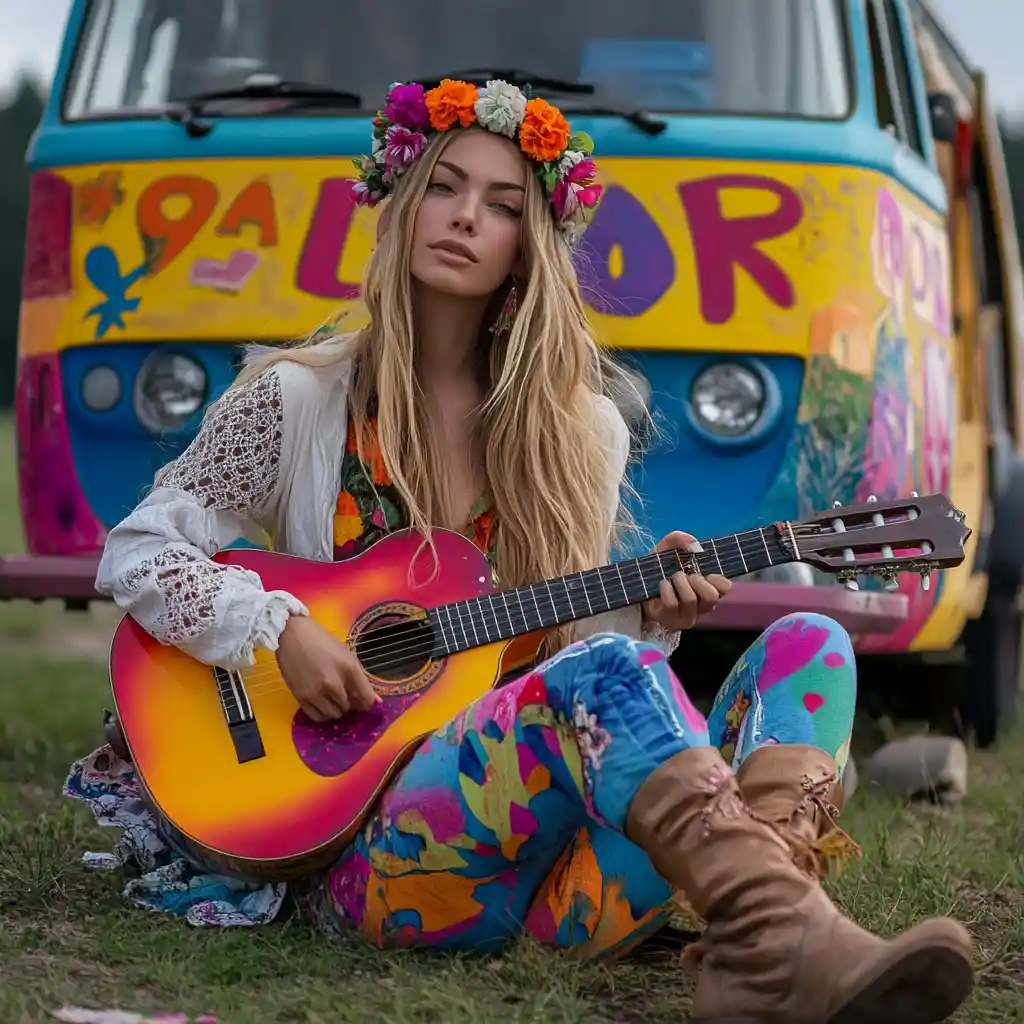 Hippie woman playing guitar beside colorful psychedelic van