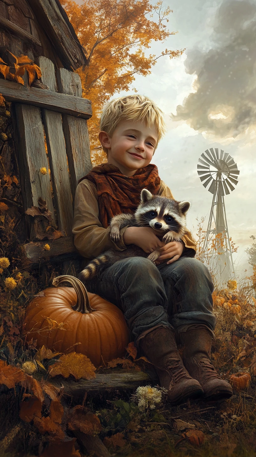 Happy blond boy holding a small raccoon outdoors in grass
