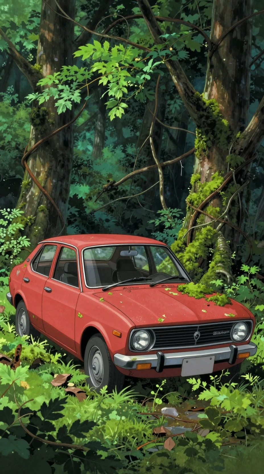 Carro vermelho enferrujado abandonado coberto de musgo em floresta densa