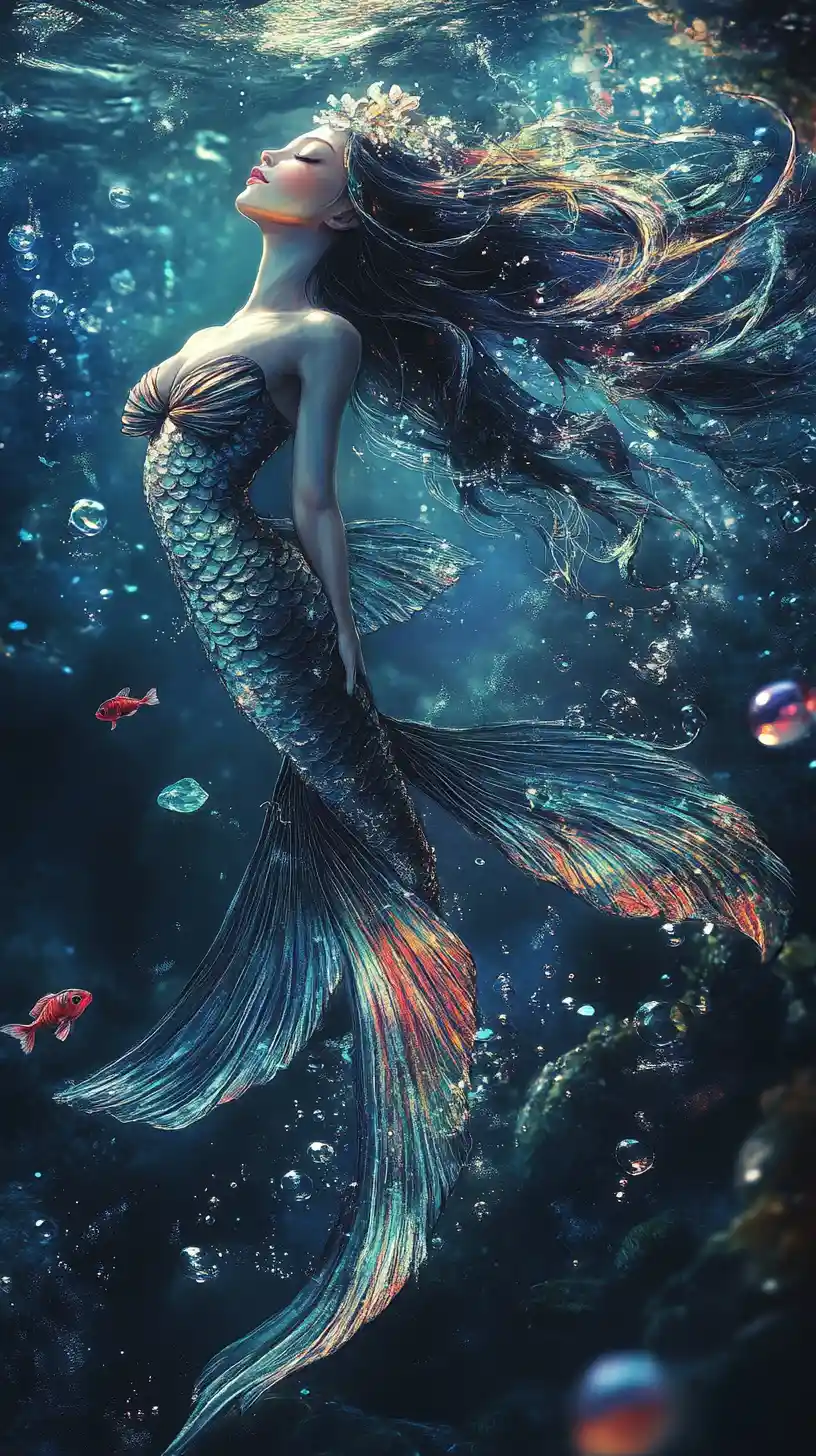 Elegante sirena fantasy alla deriva in un oscuro regno sottomarino