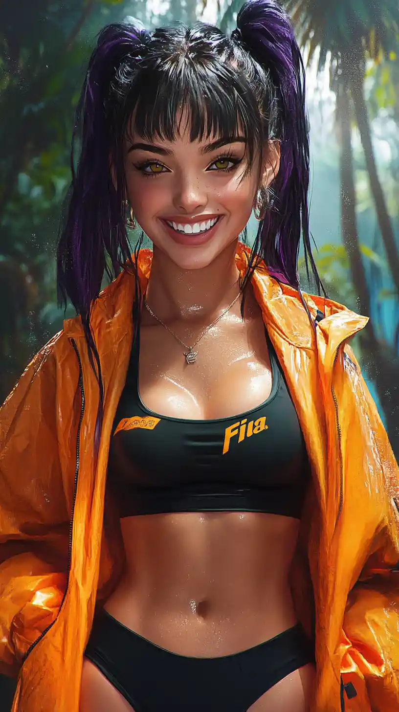 Cheerful girl with golden eyes posing in forest mountains