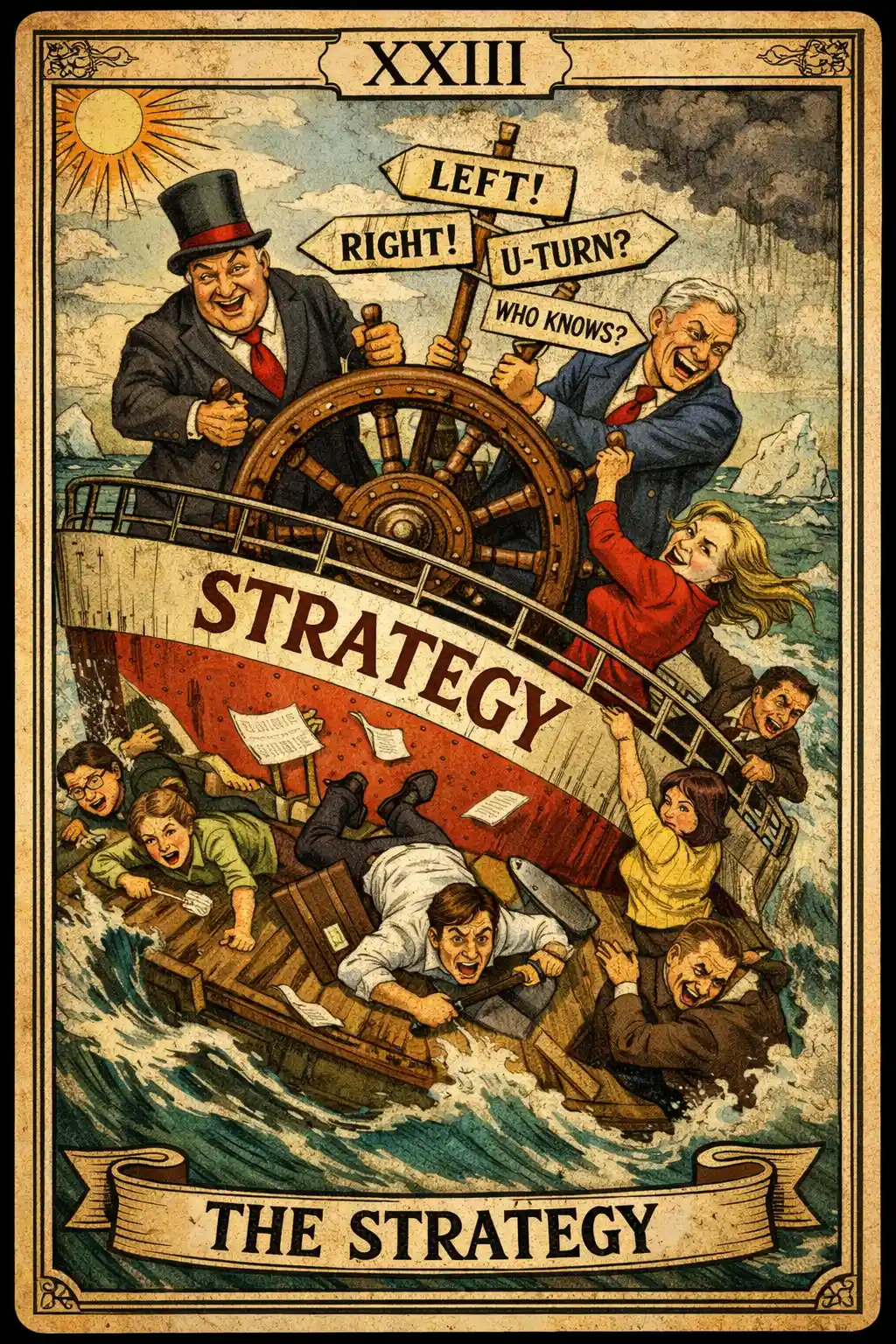 Satirical tarot card of executives steering a chaotic strategy ship