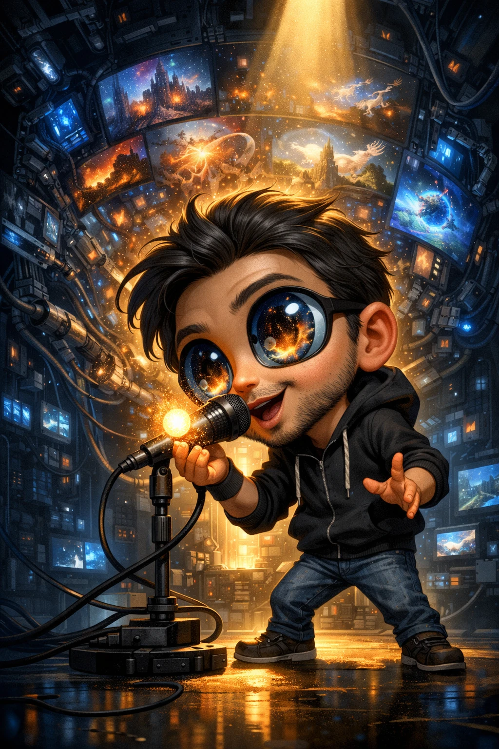 Artista de IA esperançoso falando ideias para um motor luminoso